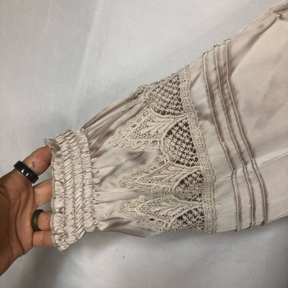 Boston Proper Peasant Boho Top Blouse Lace Fitted Waist Cold Shoulder Tie Front - Picture 5 of 11